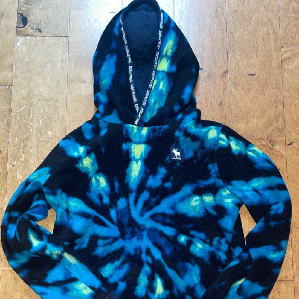 ABERCROMBIE Boys Fleece Hoodie Sweatshirt- Size 13/14 -Black/Blue/Yellow Tie Die